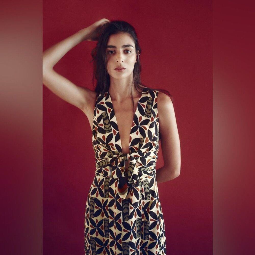 NWT Zara Printed Cut-Out Midi Dress Size M | Boho Geometric Print Tie Front